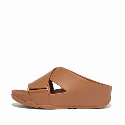 Brown Women's Fitflop SHUV Leather Cross Slides Sandals | RT7458196