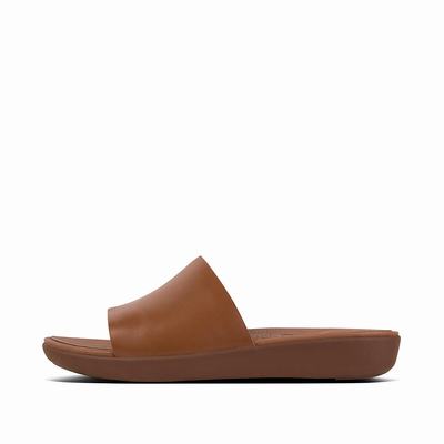 Brown Women's Fitflop SOLA Leather Slides Sandals | CE7680591