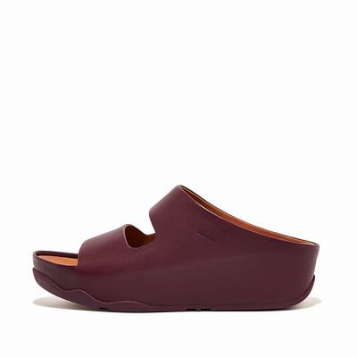 Burgundy Women's Fitflop SHUV Two-Bar Leather Slides Sandals | FU3715089