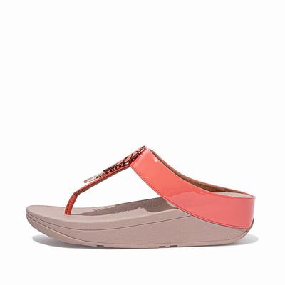 Coral Pink Women's Fitflop FINO Jungle Leaf Patent Sandals | TC0532849