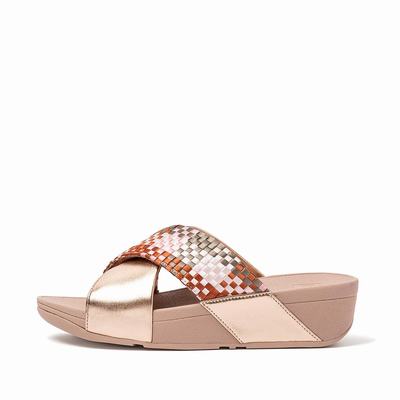 Coral Pink Women's Fitflop LULU Silky Weave Cross Slides Sandals | KO0678359