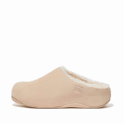 Cream Women's Fitflop SHUV Shearling-Lined Suede Clogs | CG6529481