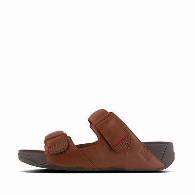 Dark Brown Men's Fitflop GOGH MOC Adjustable Leather Slides Sandals | YW8593647