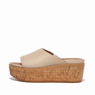 Grey Beige Women's Fitflop ELOISE Cork-Wrap Leather Wedge Slides Sandals | EU7951462