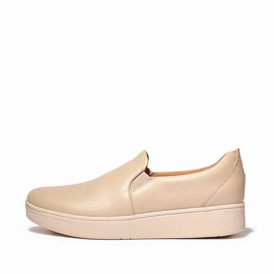 Grey Beige Women's Fitflop RALLY Leather Slip-On Skate Sneakers | WO4952613