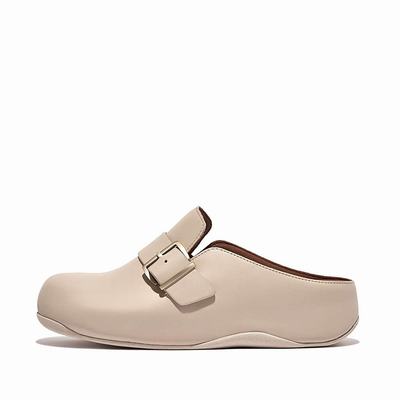 Grey Beige Women's Fitflop SHUV Buckle Strap Leather Clogs | GR8076214