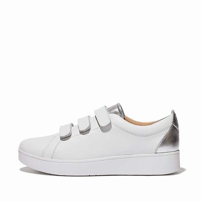 Grey Women's Fitflop RALLY Metallic-Back Leather Strap Sneakers | LH2439810