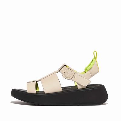 Grey/Yellow Women's Fitflop F-MODE Neon-Pop Leather Flatform Fisherman Sandals | MI0759234