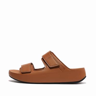 Light Brown Men's Fitflop SAMEL Adjustable Leather Slides Sandals | LA9074318