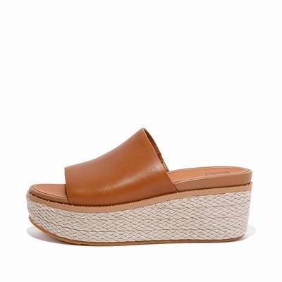 Light Brown Women's Fitflop ELOISE Espadrille Leather Wedge Slides Sandals | OC4251863