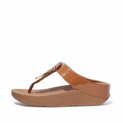 Light Brown Women's Fitflop FINO Jungle Leaf Patent Sandals | SQ5931827