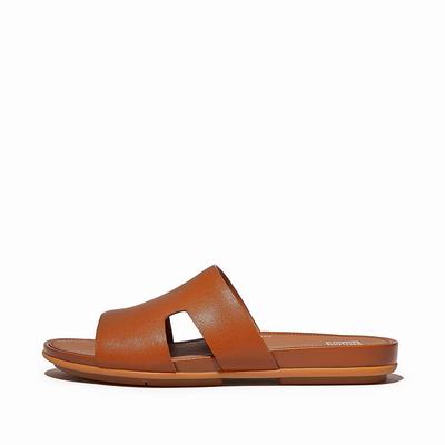 Light Brown Women's Fitflop GRACIE Leather Slides With Toe-Post Sandals | JE4982176