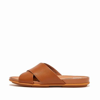 Light Brown Women's Fitflop GRACIE Leather Cross Slides Sandals | ZP7306812