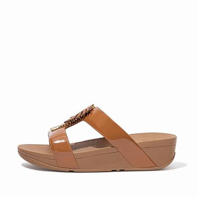 Light Brown Women's Fitflop LOTTIE Jungle Leaf Patent Slides Sandals | PG5917263