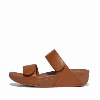 Light Brown Women's Fitflop LULU Adjustable Leather Slides Sandals | MT2943560