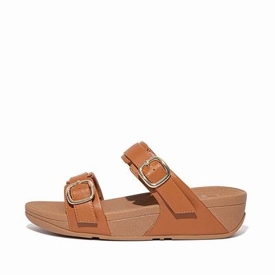 Light Brown Women's Fitflop LULU Adjustable Leather Slides Sandals | PW7186432