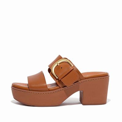 Light Brown Women's Fitflop PILAR Leather Platform Slides Sandals | EA1978305