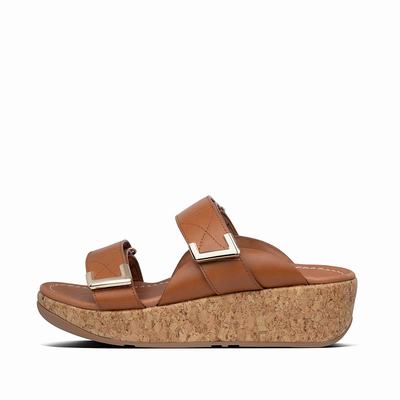 Light Brown Women's Fitflop REMI Adjustable Leather Slides Sandals | SW0785346