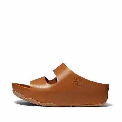 Light Brown Women's Fitflop SHUV Two-Bar Leather Slides Sandals | SH4865712