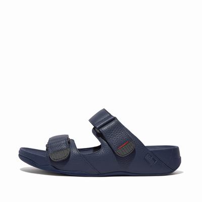 Navy Men's Fitflop GOGH MOC Adjustable Leather Slides Sandals | LX2753968