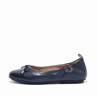 Navy Women's Fitflop ALLEGRO Bow Leather Ballet Flats | NQ3408671