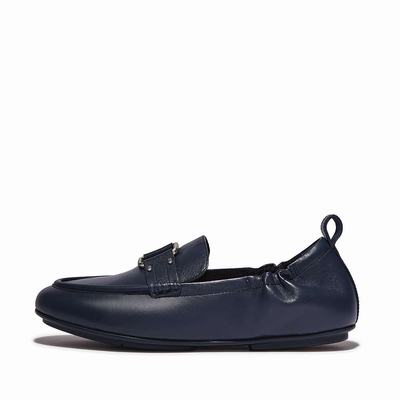 Navy Women's Fitflop ALLEGRO Stud-Buckle Leather Loafers | CH4051763