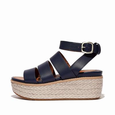 Navy Women's Fitflop ELOISE Espadrille Leather Wedge Sandals | XC6543827