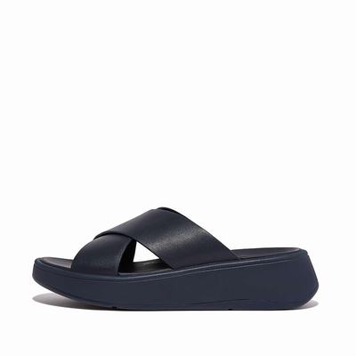 Navy Women's Fitflop F-MODE Leather Flatform Cross Slides Sandals | SM0745216