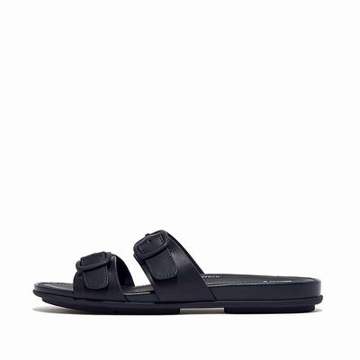 Navy Women's Fitflop GRACIE Buckle Two-Bar Leather Slides Sandals | UV1457629