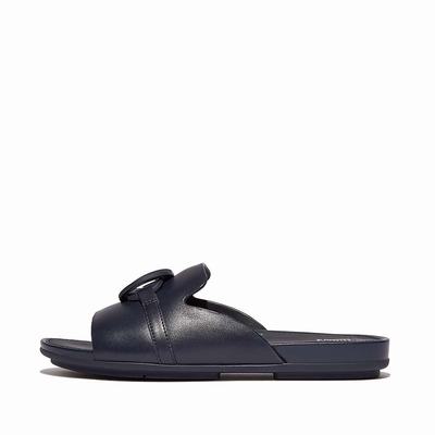 Navy Women's Fitflop GRACIE Circlet Leather Slides Sandals | DU8123640