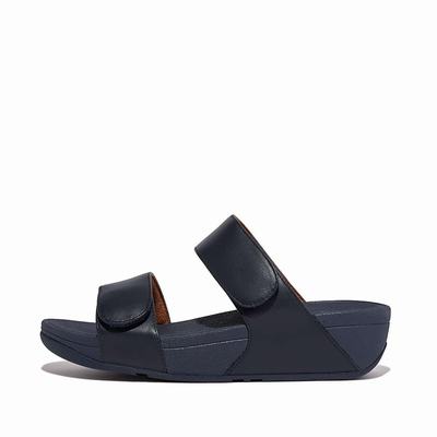 Navy Women's Fitflop LULU Adjustable Leather Slides Sandals | YR3781942