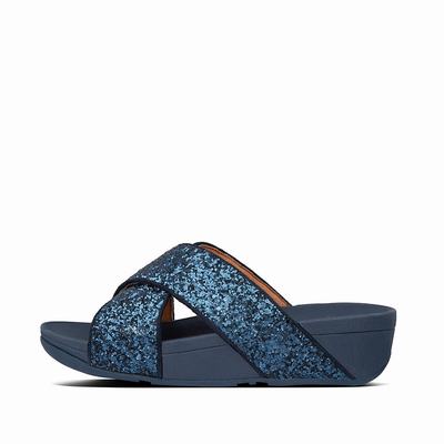 Navy Women's Fitflop LULU Glitter Cross Slides Sandals | ZU1065294