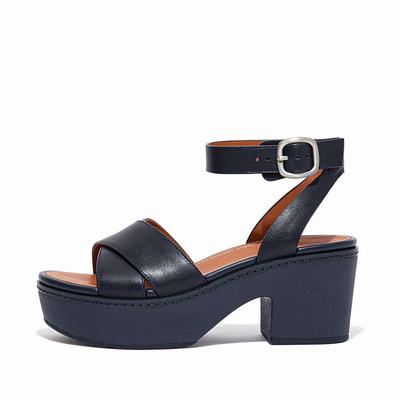 Navy Women's Fitflop PILAR Leather Ankle-Strap Platform Sandals | ZT7369814