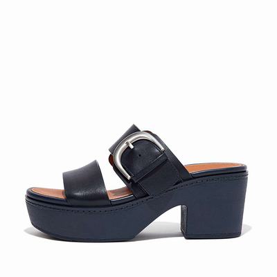 Navy Women's Fitflop PILAR Leather Platform Slides Sandals | GS5497612