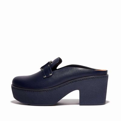 Navy Women's Fitflop PILAR Stud-Buckle Leather Platform Mules | VY6271539