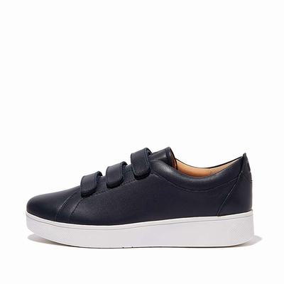 Navy Women's Fitflop RALLY Leather Strap Sneakers | VT4716809