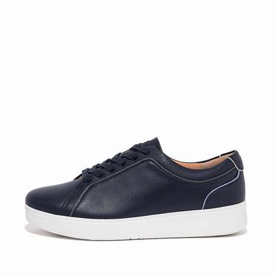 Navy Women's Fitflop RALLY Piping Leather Sneakers | KP0976258