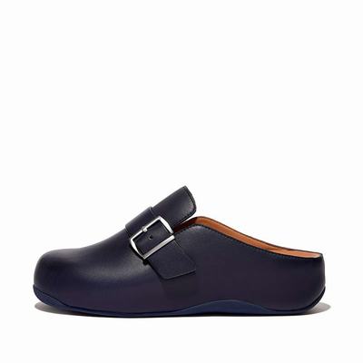 Navy Women's Fitflop SHUV Buckle Strap Leather Clogs | NJ3890571