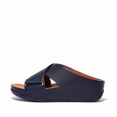 Navy Women's Fitflop SHUV Leather Cross Slides Sandals | ZC3894602