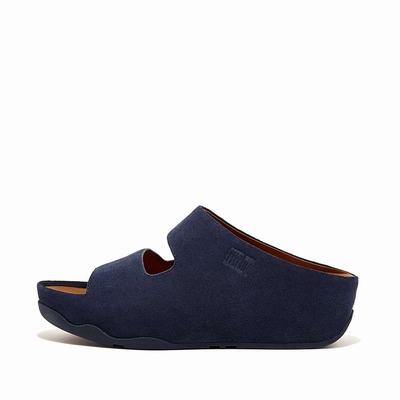 Navy Women's Fitflop SHUV Two-Bar Suede Slides Sandals | EU8942630