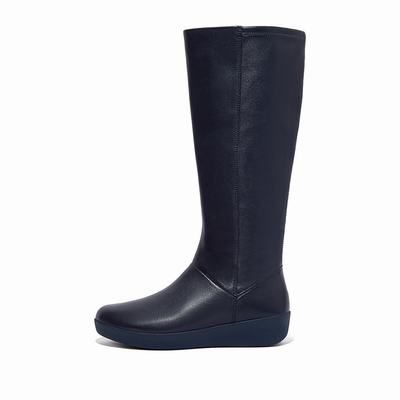 Navy Women's Fitflop SUMI Stretch Knee High Boots | OJ7153826