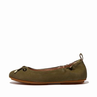 Olive Women's Fitflop ALLEGRO Bow Suede Ballet Flats | MD8164327