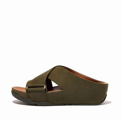 Olive Women's Fitflop SHUV Nubuck Cross Slides Sandals | VG2095384