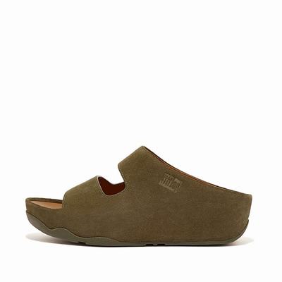 Olive Women's Fitflop SHUV Two-Bar Suede Slides Sandals | AX6518923