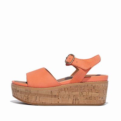 Orange Coral Women's Fitflop ELOISE Cork-Wrap Suede Wedge Sandals | FB9341628