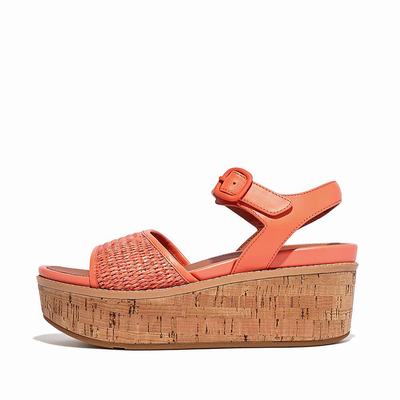 Orange Coral Women's Fitflop ELOISE Cork-Wrap Woven Back-Strap Wedge Sandals | TP0243875