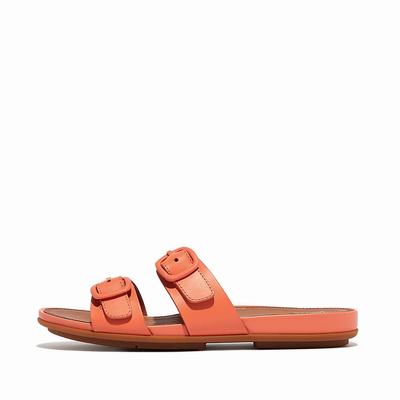 Orange Coral Women's Fitflop GRACIE Buckle Two-Bar Leather Slides Sandals | GU5709841