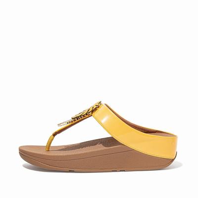 Orange Yellow Women's Fitflop FINO Jungle Leaf Patent Sandals | ZB4789516