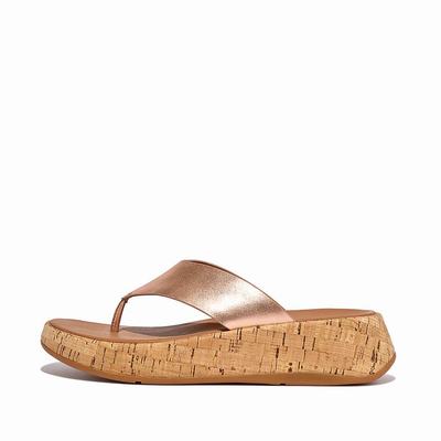 Rose Gold Women's Fitflop F-MODE Metallic Leather/Cork Flatform Toe-Post Sandals | AS2046915