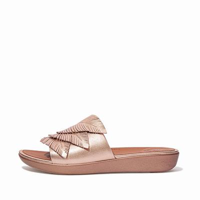 Rose Gold Women's Fitflop SOLA Feather Metallic Leather Slides Sandals | HK9316827